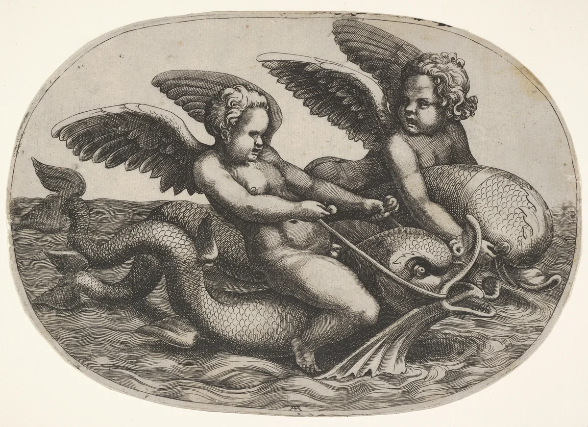 Two winged putti riding parallel on dolphins above the water surface, an oval composition by Adamo Scultori, print, 1550-1587