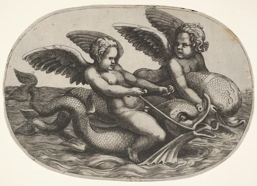 Two winged putti riding parallel on dolphins above the water surface, an oval composition by Adamo Scultori, print, 1550-1587
