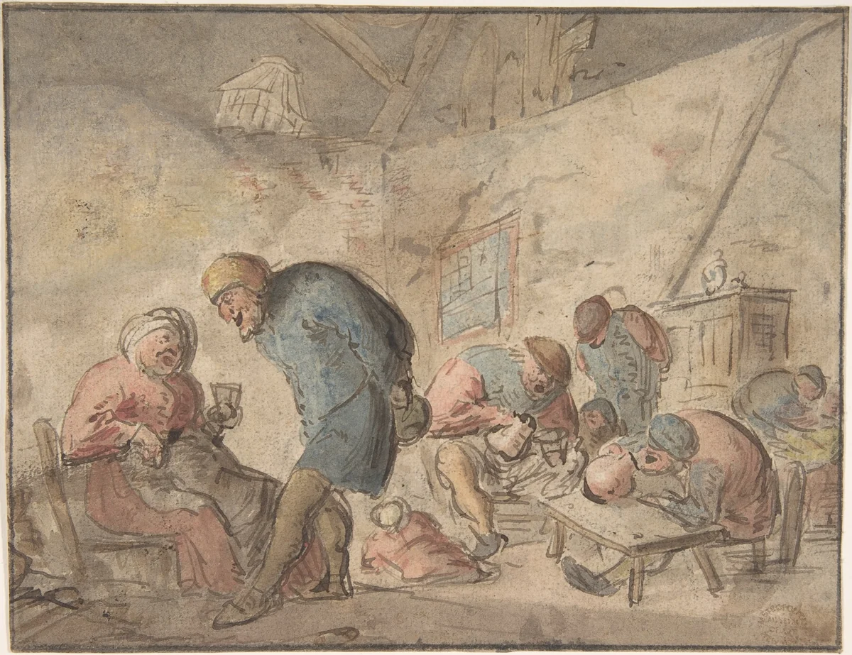 Peasants Drinking, verso: sketches of peasants by Adriaen van Ostade, drawing, 1610-1685