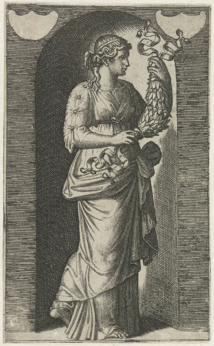 Muze Calliope met guirlande staand in nis by Marcantonio Raimondi, print, 1511-1520