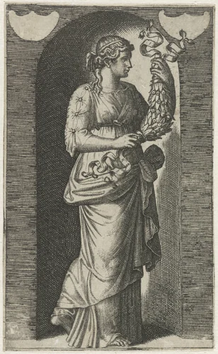 Muze Calliope met guirlande staand in nis by Marcantonio Raimondi, print, 1511-1520