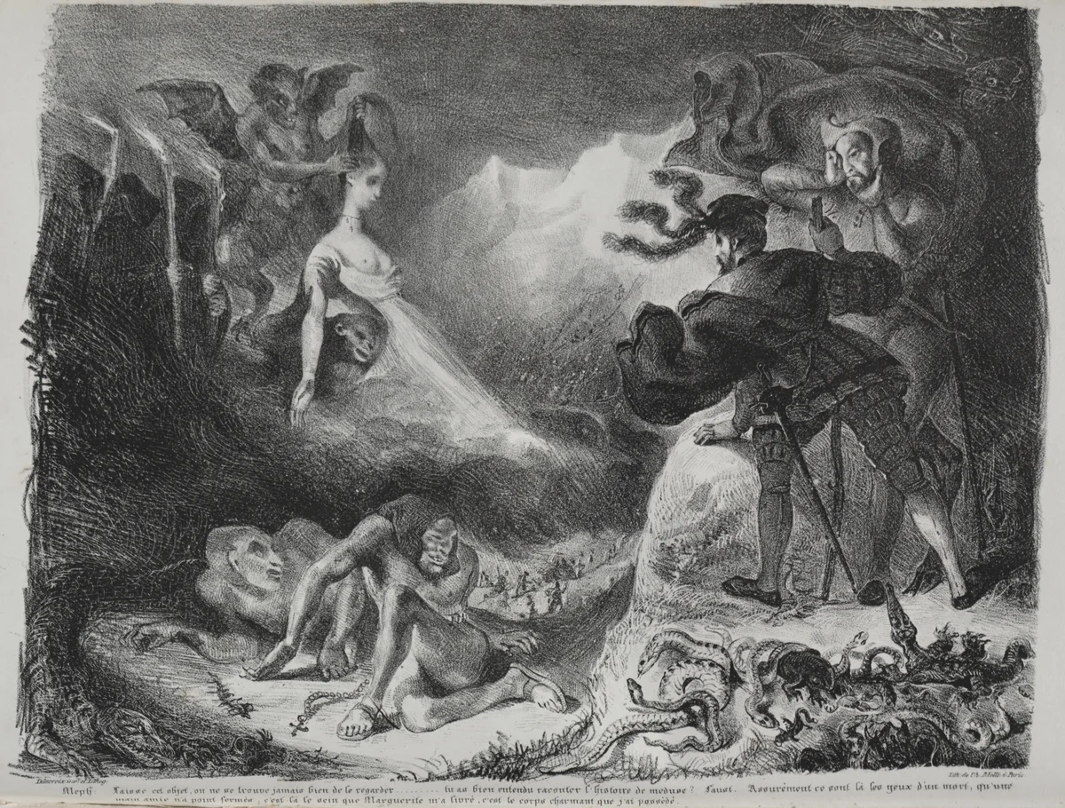 Illustrations for Faust: Marguerite's shadow appears to Faust by Eugène Delacroix, print, 1828