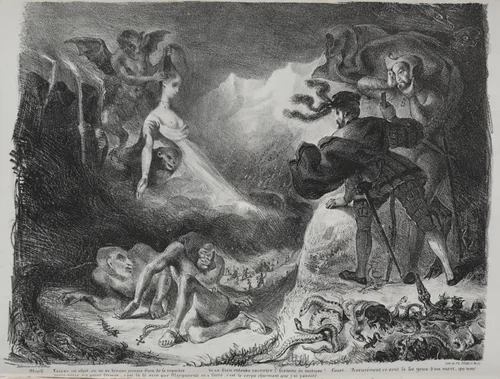 Illustrations for Faust: Marguerite's shadow appears to Faust by Eugène Delacroix, print, 1828