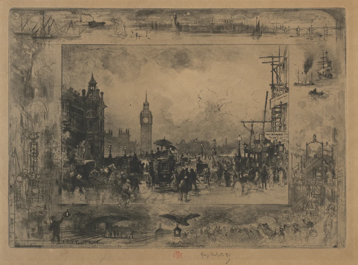 Westminster Bridge, or Westminster Tower by Félix Hilaire Buhot, print, 1884