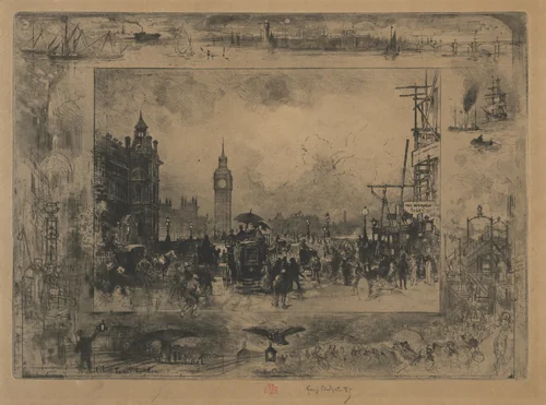 Westminster Bridge, or Westminster Tower by Félix Hilaire Buhot, print, 1884