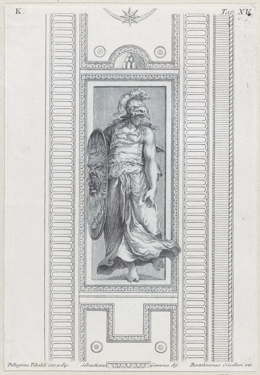 Plate 15: mythological figure wearing a helmet and holding a shield by Bartolomeo Crivellari, print, 1756