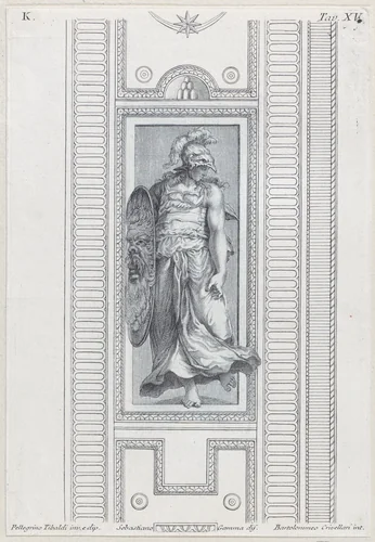 Plate 15: mythological figure wearing a helmet and holding a shield by Bartolomeo Crivellari, print, 1756