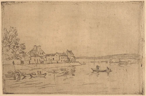 On the Banks of the Loing: Six Boats at their Moorings by Alfred Sisley, print, 1890