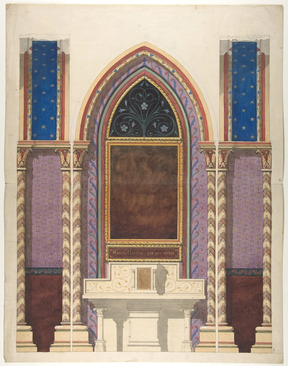 Elevation of a design for an altar and painted wall decoration by Jules-Edmond-Charles Lachaise, drawing, 1845-1900