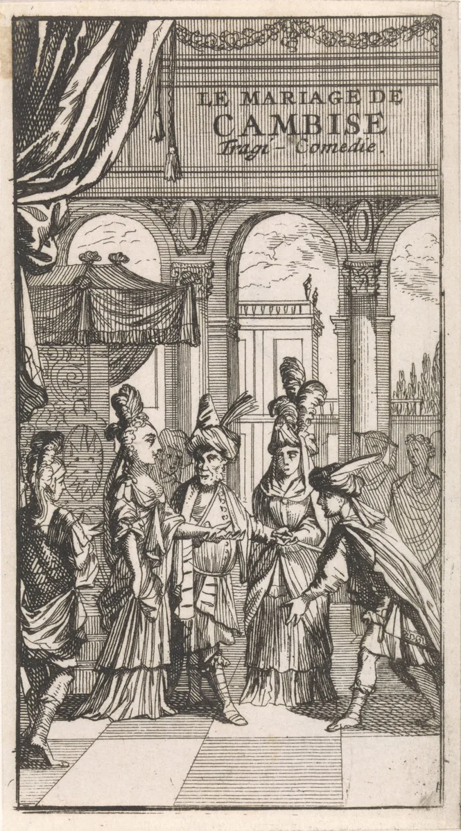 Titelpagina voor "Le Mariage de Cambise", in: P. Quinault, Le theatre, deel I, 1697 by Caspar Luyken, print, 1697
