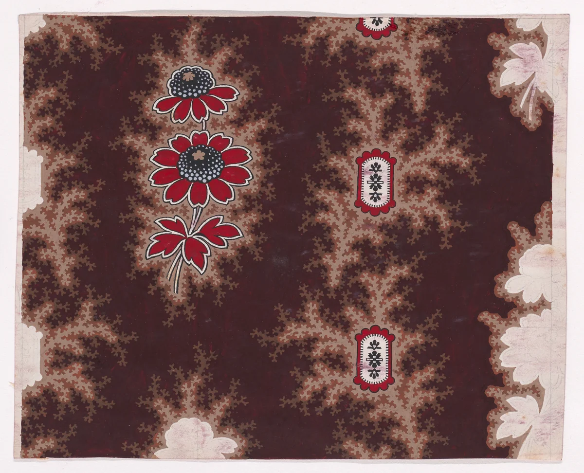 Textile Design with Alternating Vertical Rows of Stylized Flowers with Stems and Leaves with Offsetting Branches Separated by Ornamental Frames Containing Rosettes Flanked by Leaves and with Offsetting Branches by anonymous, drawing, 1840