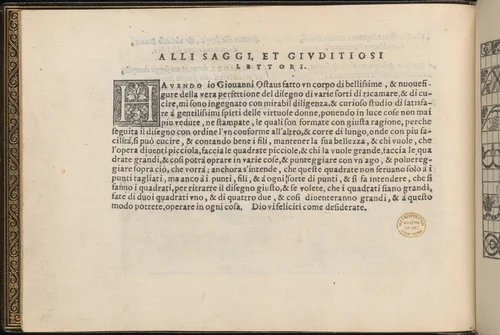 La Vera Perfettione del Disegno di varie sorti di recami, page 3 (verso) by Giovanni Ostaus, book, 1567