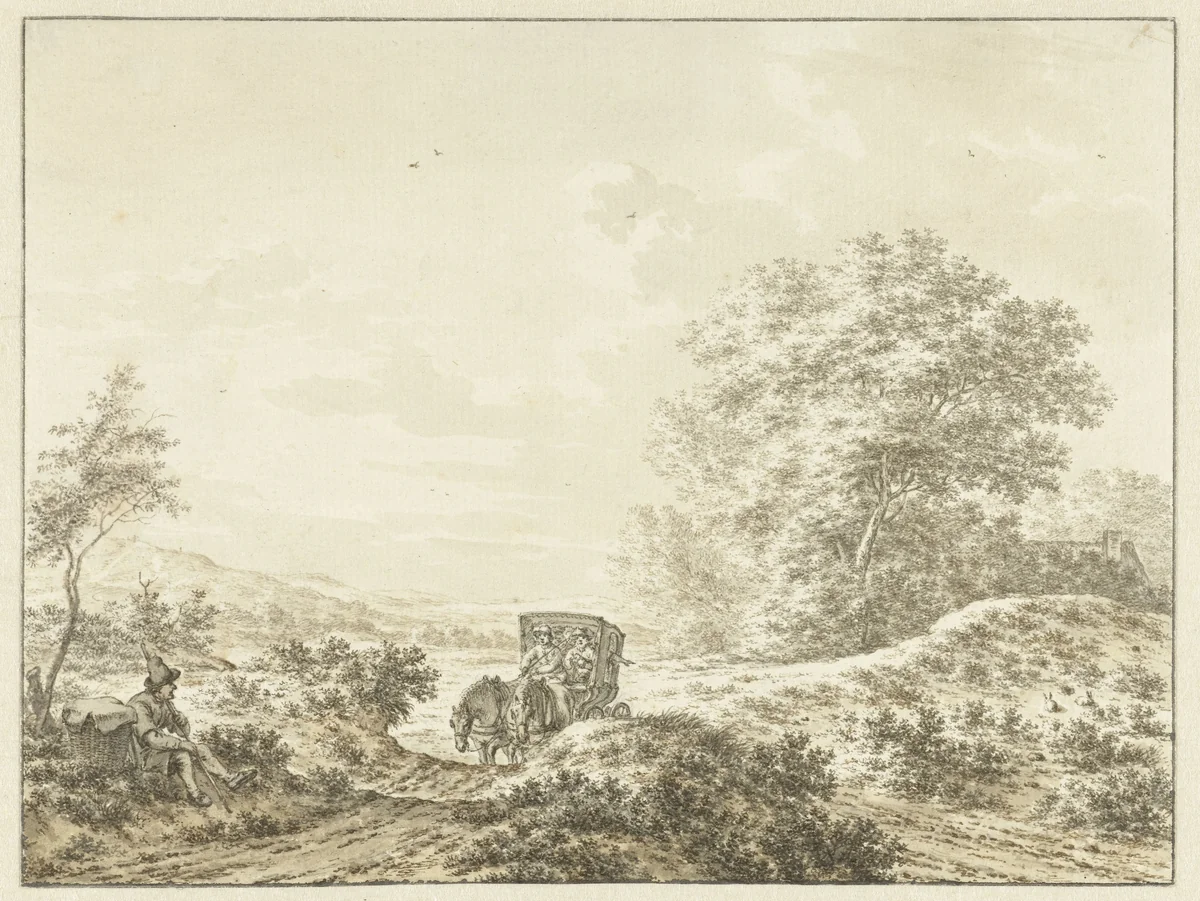 Heuvelachtig landschap met reiswagen by Jacob Cats, drawing, 1775