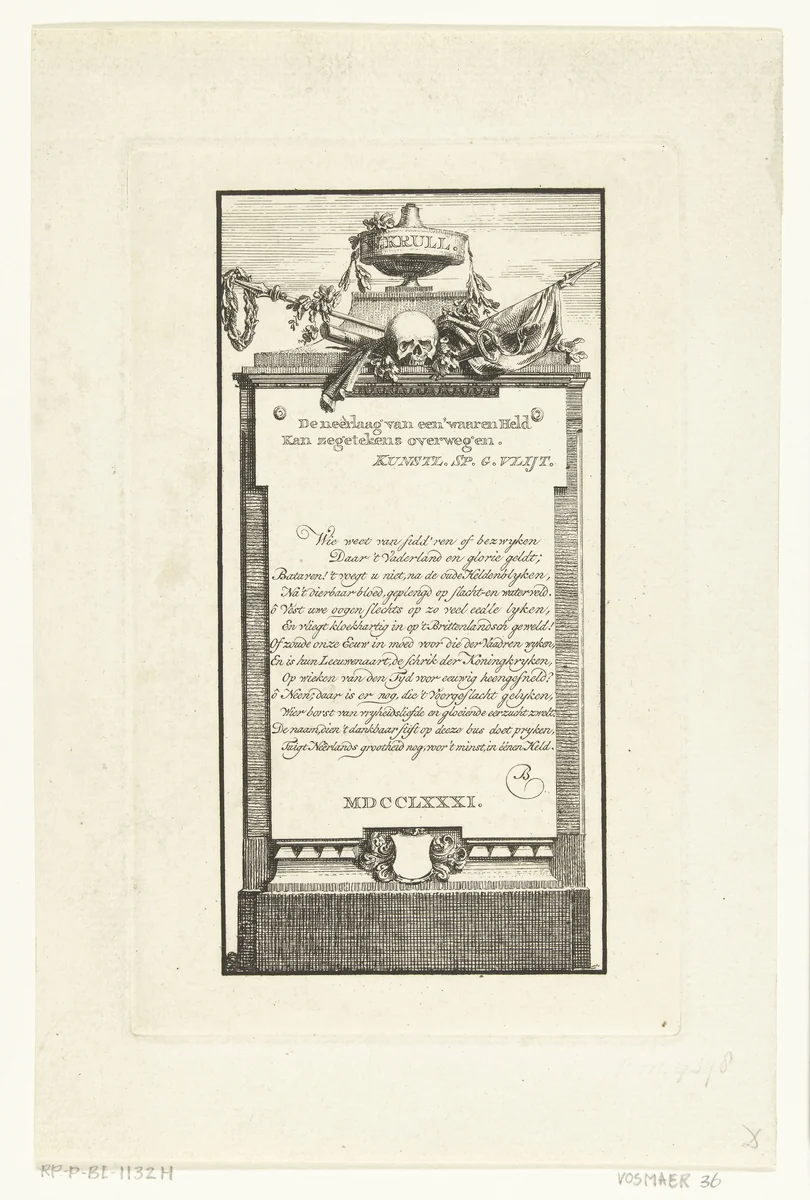 Grafmonument met gedicht voor schout-bij-nacht Willem Krul by Willem Bilderdijk, print, 1781