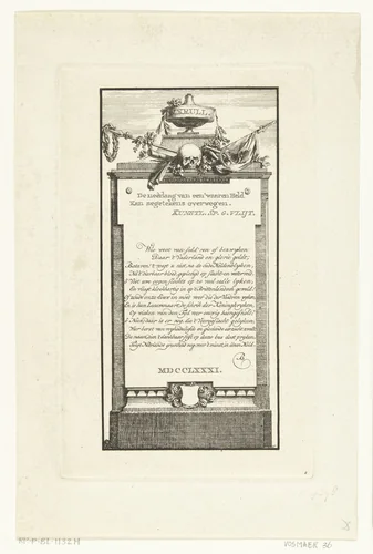Grafmonument met gedicht voor schout-bij-nacht Willem Krul by Willem Bilderdijk, print, 1781