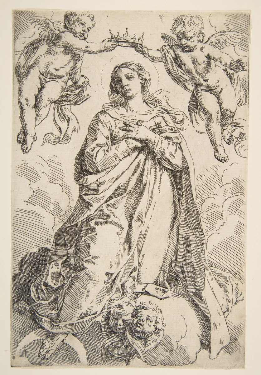 The Virgin being crowned by two angels by Simone Cantarini, print, 1634-1644