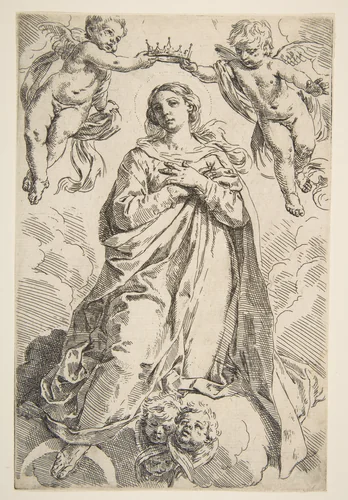 The Virgin being crowned by two angels by Simone Cantarini, print, 1634-1644