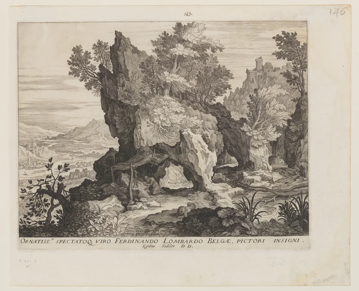 Rocky Landscape with St. Jerome by Aegidius Sadeler Jan Brueghel, print, 1590-1620
