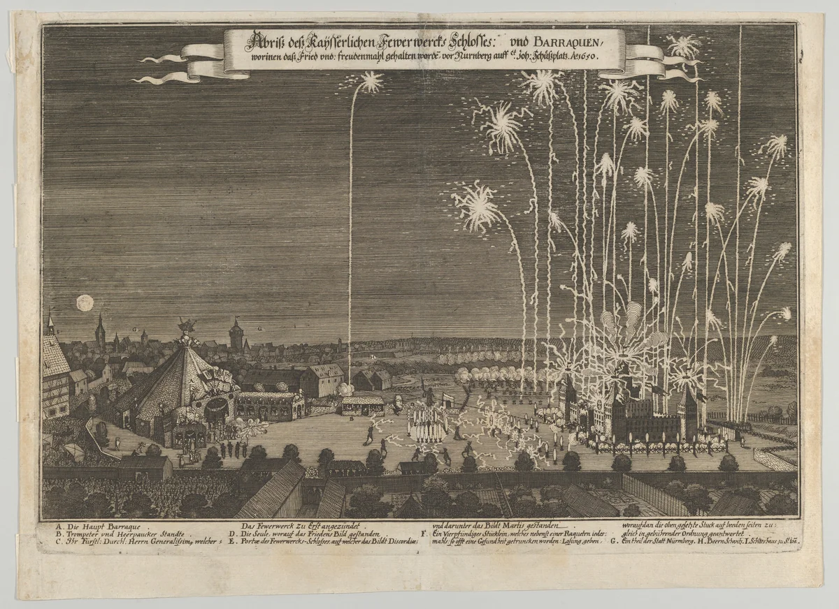 Fireworks display celebrating the end of the Thirty Years War, Nuremberg, 1650 by anonymous, print, 1650
