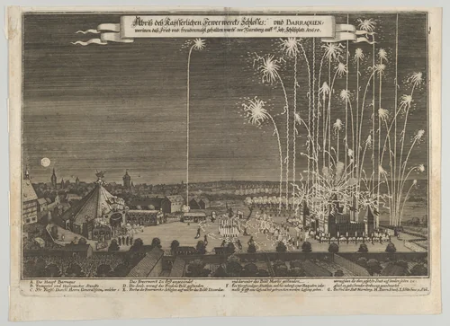 Fireworks display celebrating the end of the Thirty Years War, Nuremberg, 1650 by anonymous, print, 1650