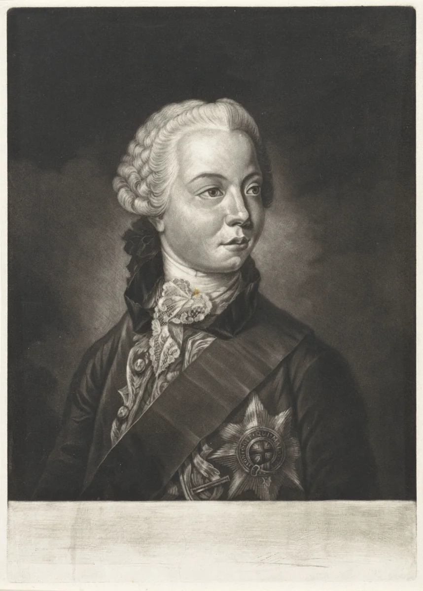 Portret van Willem V, prins van Oranje-Nassau by John Greenwood, print, 1755-1792