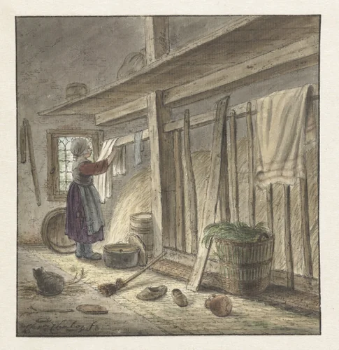 Hoekje van een stal met een meisje dat een doek ophangt by Christina Chalon, drawing, 1772