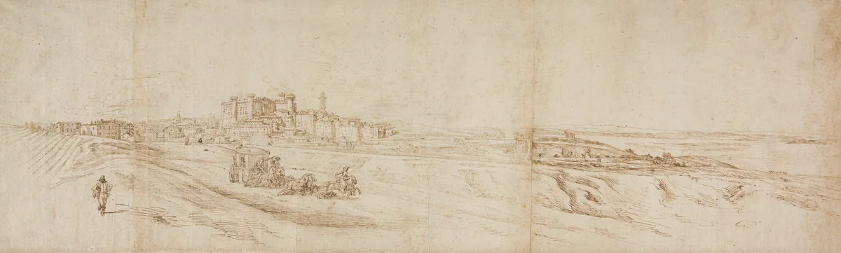 View of The Castello Bracciano, near Rome with Coach and Figures by Johann Wilhelm Baur, drawing, 1630-1640