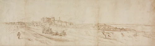 View of The Castello Bracciano, near Rome with Coach and Figures by Johann Wilhelm Baur, drawing, 1630-1640