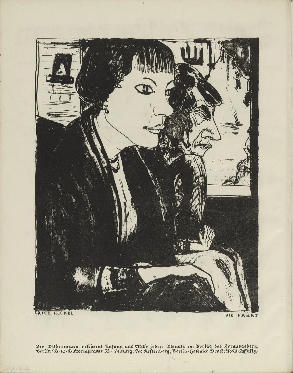 The Ride (Die Fahrt) (plate, folio 7 verso) from the periodical Der Bildermann, vol. 1, no. 3 (May 1916) by Erich Heckel, periodical, 1916