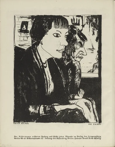 The Ride (Die Fahrt) (plate, folio 7 verso) from the periodical Der Bildermann, vol. 1, no. 3 (May 1916) by Erich Heckel, periodical, 1916