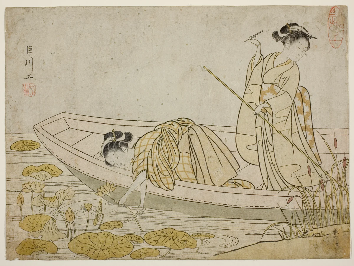 Gathering Lotus Flowers by Suzuki Harunobu (鈴木春信), print, 1765