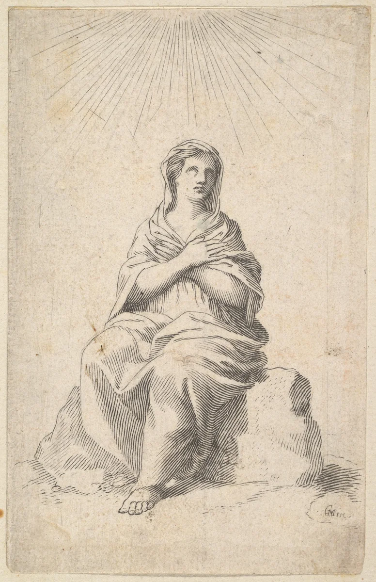 Seated Woman, Arms Crossed in Prayer by Claude Mellan, print, 1600-1688