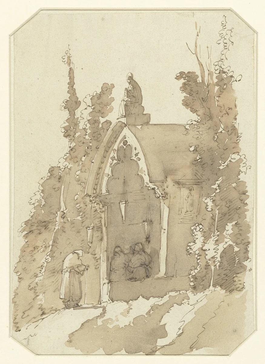 Kapelletje op een hoogte, met twee biddende mannen by anonymous, drawing, 1800-1900