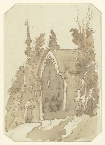 Kapelletje op een hoogte, met twee biddende mannen by anonymous, drawing, 1800-1900