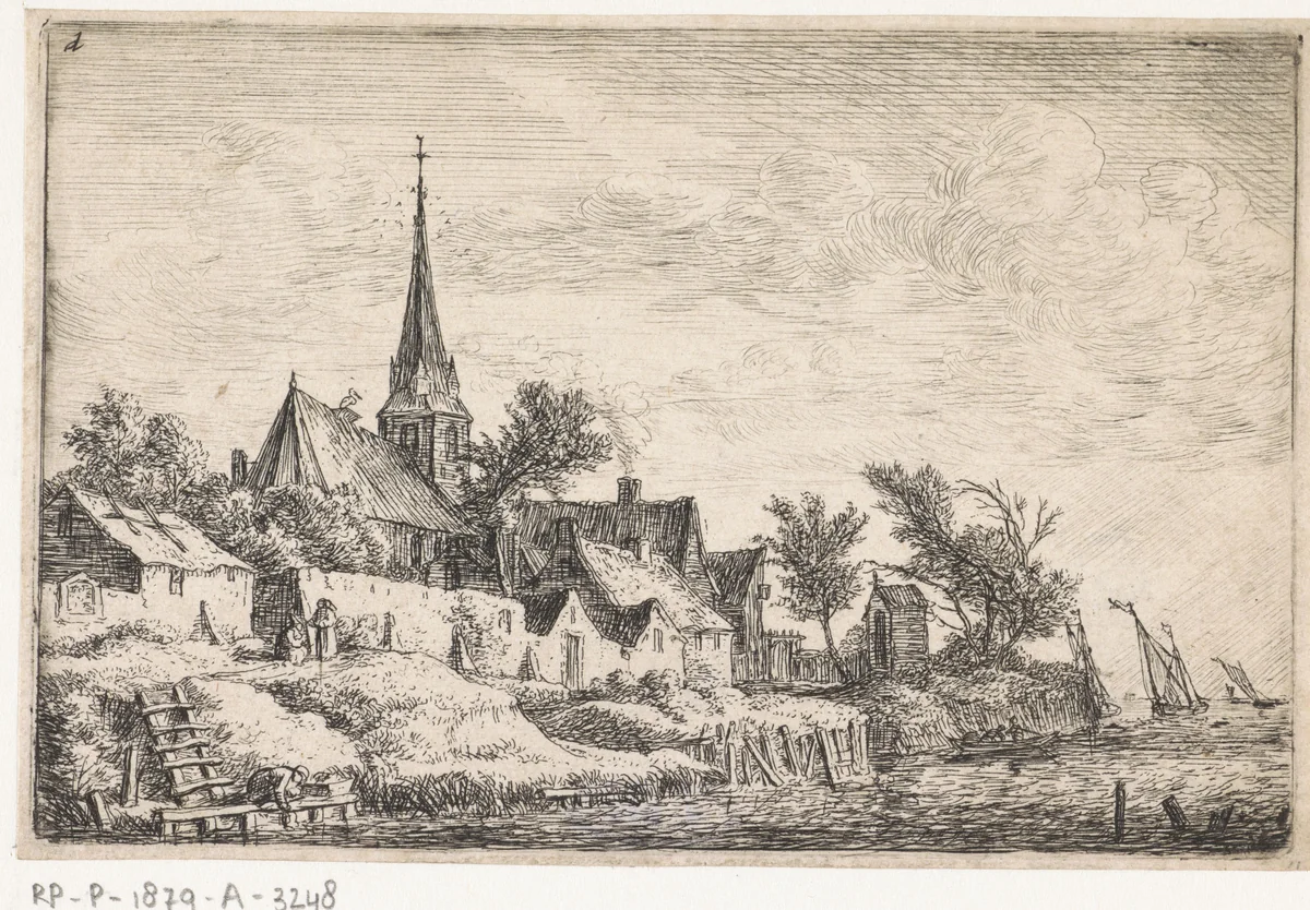 Gezicht op een dorp aan het water by Anthonie Waterloo, print, 1630-1663