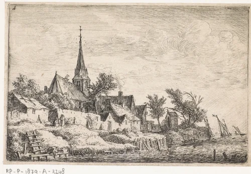 Gezicht op een dorp aan het water by Anthonie Waterloo, print, 1630-1663