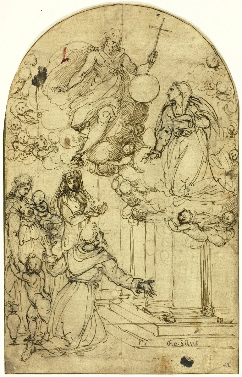 Vision of Saint Francis of Assisi at the Portiuncula (recto); Ornamental Design (verso) by Alessandro Allori, drawing, 1555-1607