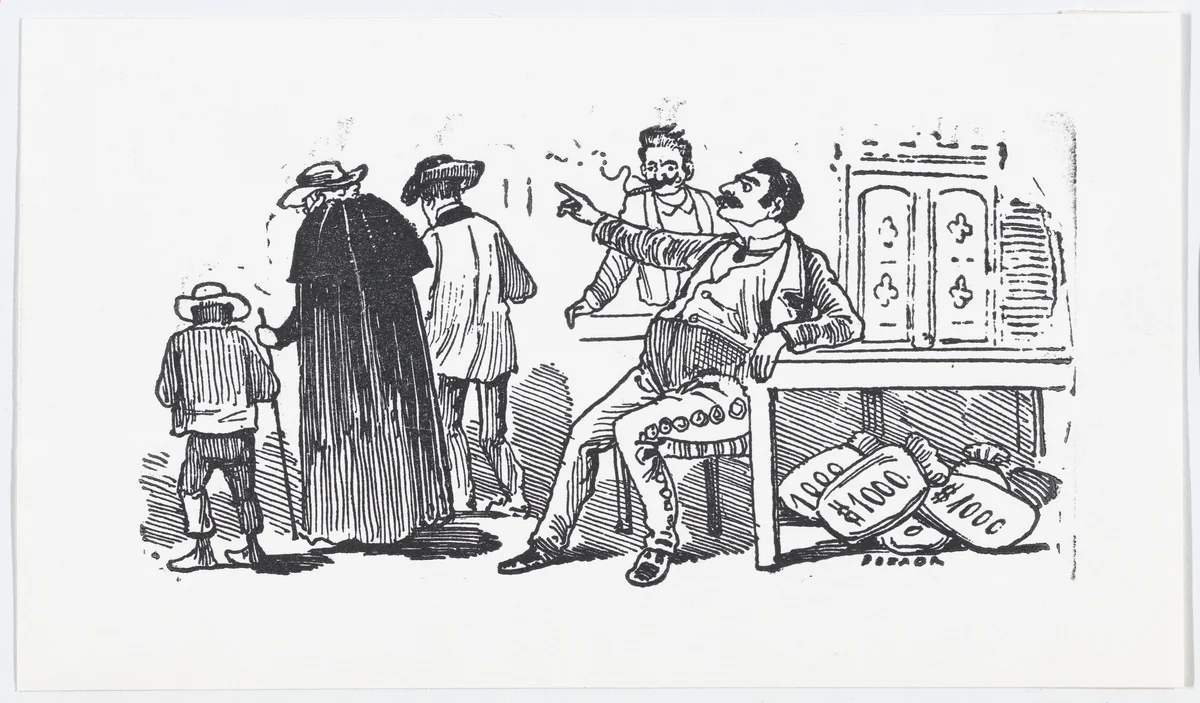 A rich man with bags of money at his feet sending people away by José Guadalupe Posada, print, 1875-1885