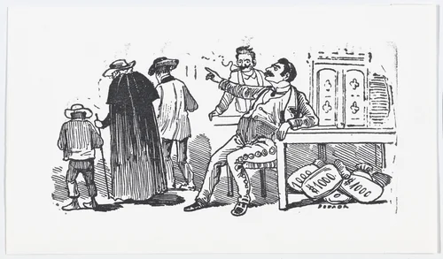 A rich man with bags of money at his feet sending people away by José Guadalupe Posada, print, 1875-1885