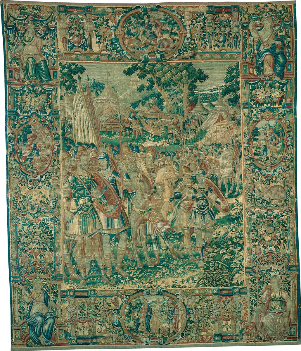 Alexander Kneeling before Jaddus at the Gates of Jerusalem [left section], from The Story of Alexander the Great by Nicolaas van Orley, textile, 1590-1610
