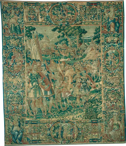 Alexander Kneeling before Jaddus at the Gates of Jerusalem [left section], from The Story of Alexander the Great by Nicolaas van Orley, textile, 1590-1610