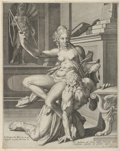 Phyllis and Aristotle by Johann Sadeler I, print, 1560-1628