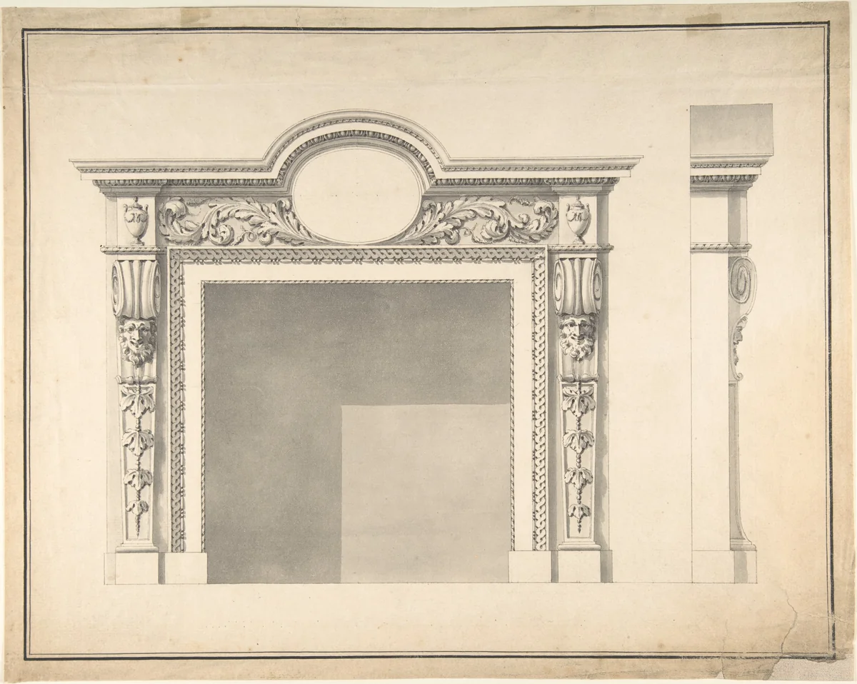 Design for a Fireplace with Frontal and Profile Views by James Stuart, drawing, 1735-1788