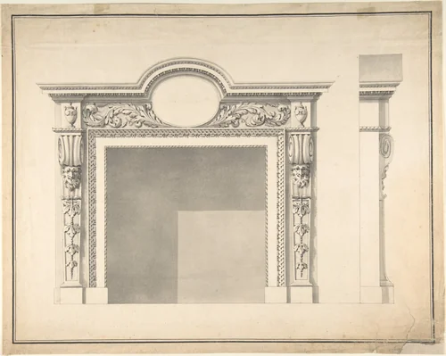 Design for a Fireplace with Frontal and Profile Views by James Stuart, drawing, 1735-1788