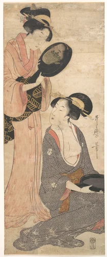 Two Ladies, Each with a Portion of a Lacquered Mirror by Kitagawa Utamaro (喜多川歌麿), print, 1790-1799