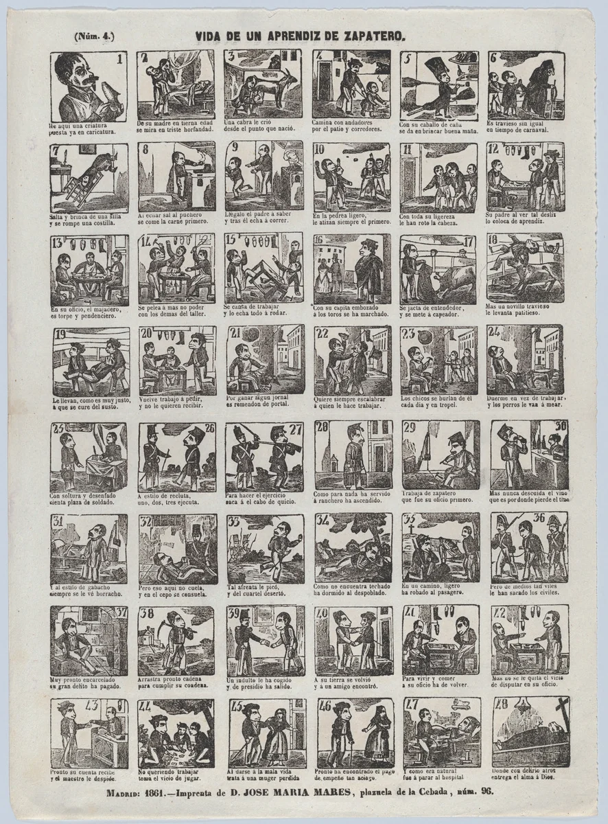Broadside with 48 scenes relating to the life of a shoemaker's apprentice by José María Marés, print, 1861