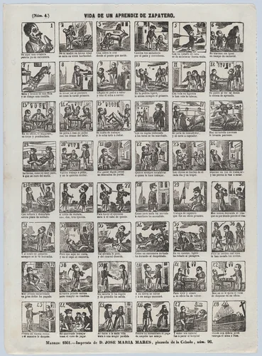Broadside with 48 scenes relating to the life of a shoemaker's apprentice by José María Marés, print, 1861