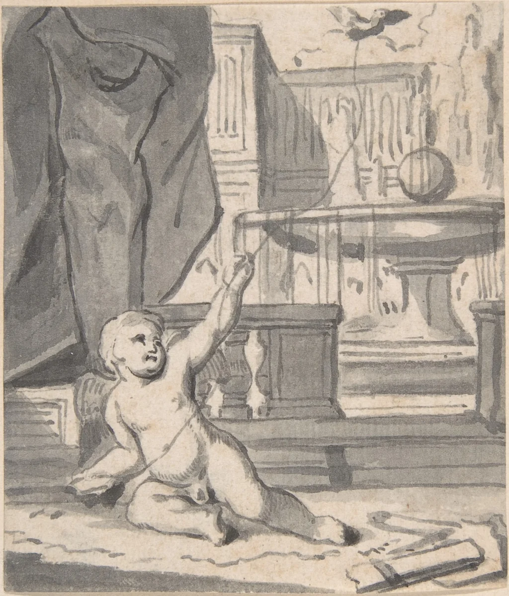 Cupid with a Bird on a String by Joseph Werner, drawing, 1637-1710