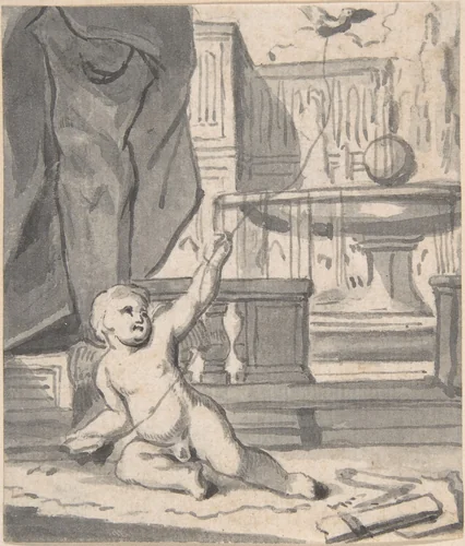 Cupid with a Bird on a String by Joseph Werner, drawing, 1637-1710
