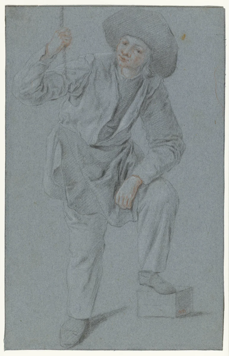 Staande jongen die aan een touw trekt by Cornelis Dusart, drawing, 1670-1704